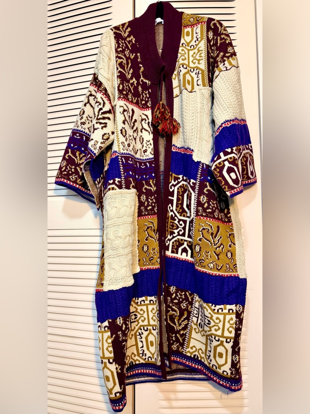 Zara Patchwork Knit Duster Coatigan in Burgundy, Royal Blue & Cream